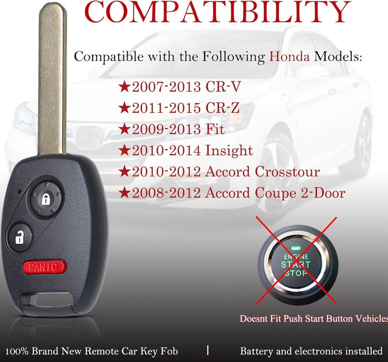 MechanMagic بديل مفتاح التحكم عن بُعد يناسب هوندا CRV 2007 2008 2009 2010 2011 2012 2013/CRZ 2007-2014 2015/فيت/إنسايت/أكورد كوبيه/كروس تور MLBHLIK-1T التحكم عن بُعد بدون مفتاح 35111-SWA-306 - Image 1
